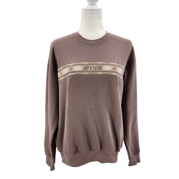 New Pink Victoria Secret Womens Small Sweatshirt Taupe Plaid Spell Out Pullover - Picture 1 of 10